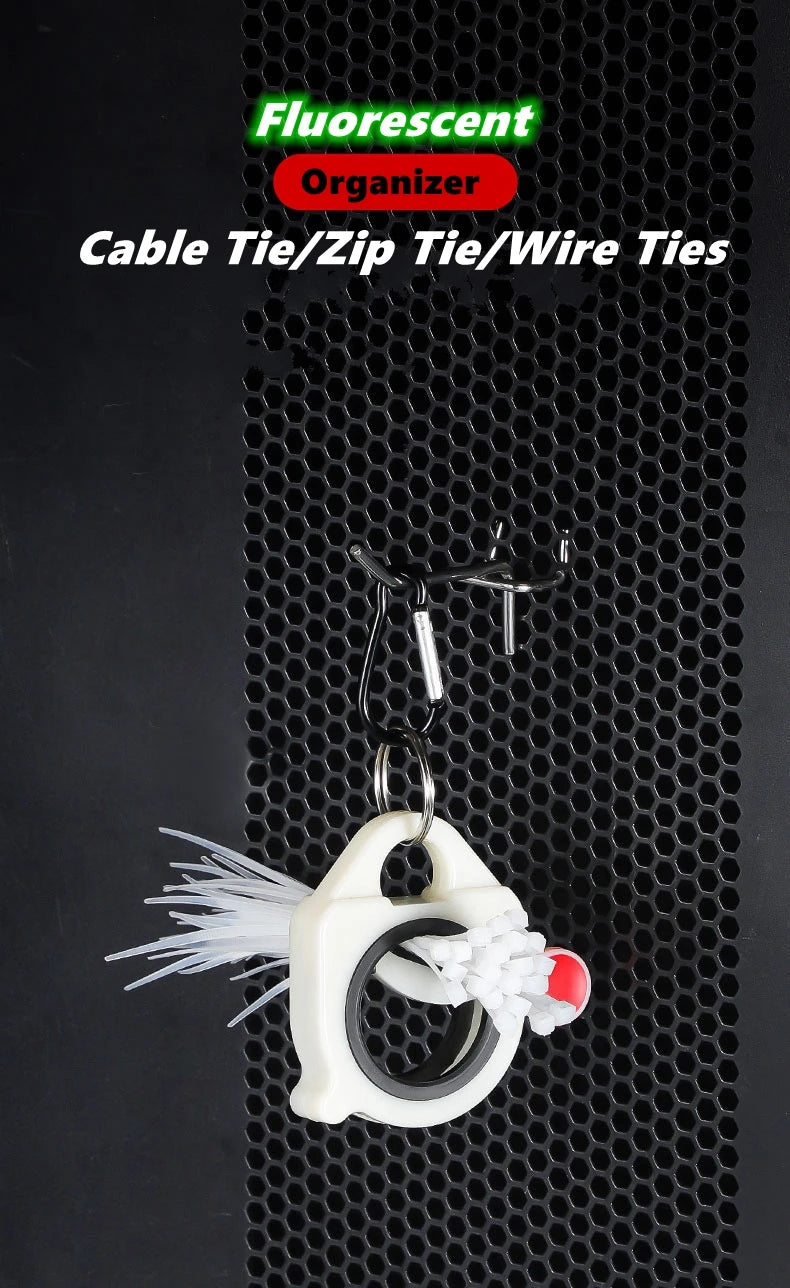 A white fluorescent organizer with a loop and a white feather attached, used for cable tying.