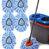 Set of five blue bristled mop heads and a long handle for cleaning.