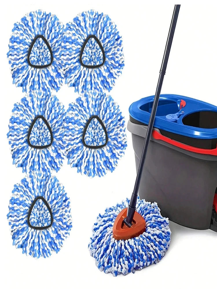 Set of five blue bristled mop heads and a long handle for cleaning.