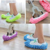 Five pairs of reusable microfiber mop slippers in neon green, pink, and blue are shown for cleaning.