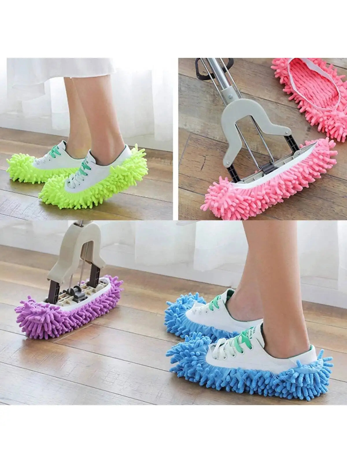 Five pairs of reusable microfiber mop slippers in neon green, pink, and blue are shown for cleaning.