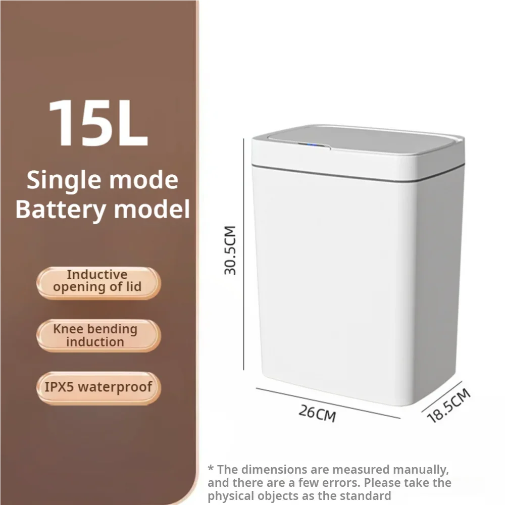 A white 15L single-mode battery model trash can showing its dimensions and features like inductive lid opening and IPX5 water