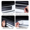 Carbon fiber door sill protector stickers shown in various applications highlighting fit, scratch resistance, waterproof feat