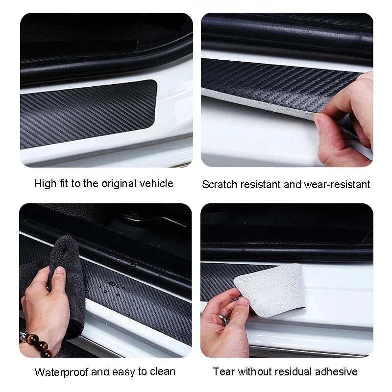 Carbon fiber door sill protector stickers shown in various applications highlighting fit, scratch resistance, waterproof feat