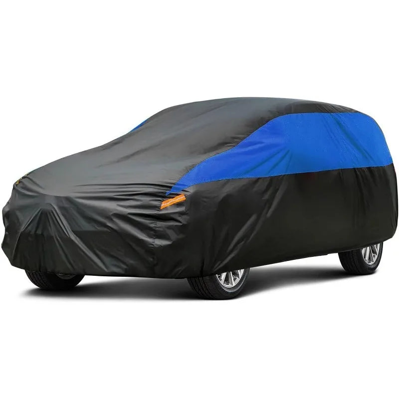 Black and blue all-weather waterproof car cover with UV protection
