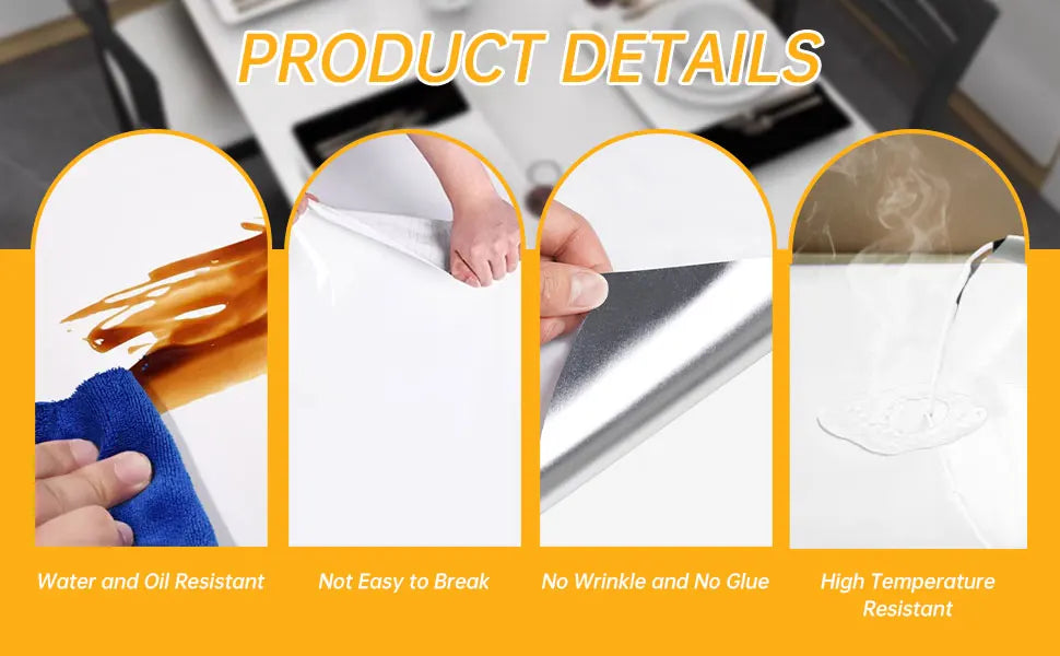 Product details showing the Pearl Finish Waterproof Self-Adhesive Wallpaper is resistant to water, oil, breakage, wrinkling, 