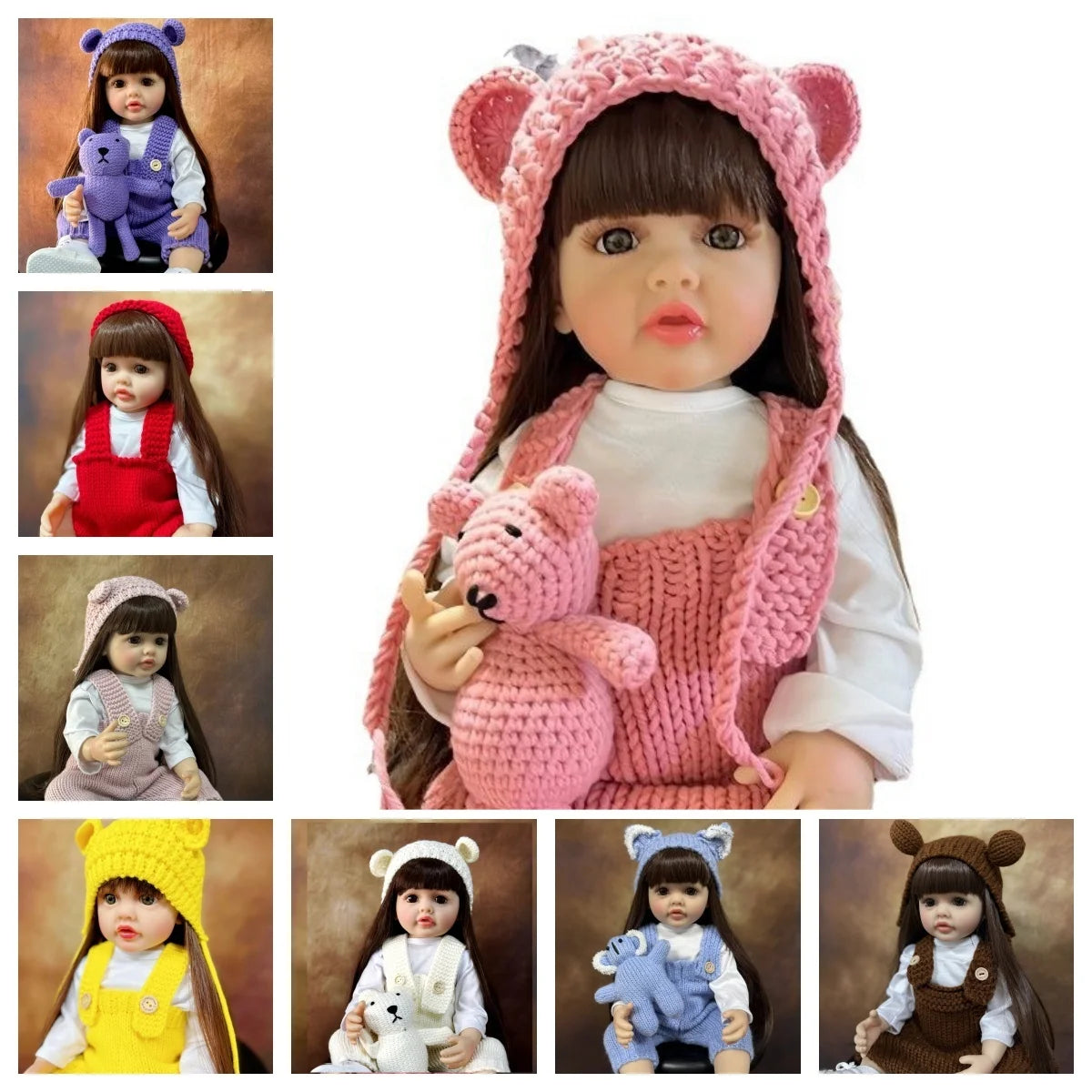 A collection of lifelike silicone baby dolls with various outfits and accessories.