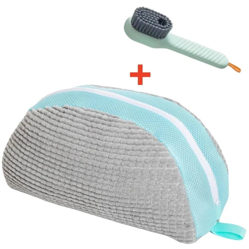 A light blue shoe washing machine bag with a gray textured surface and a green cleaning brush set.