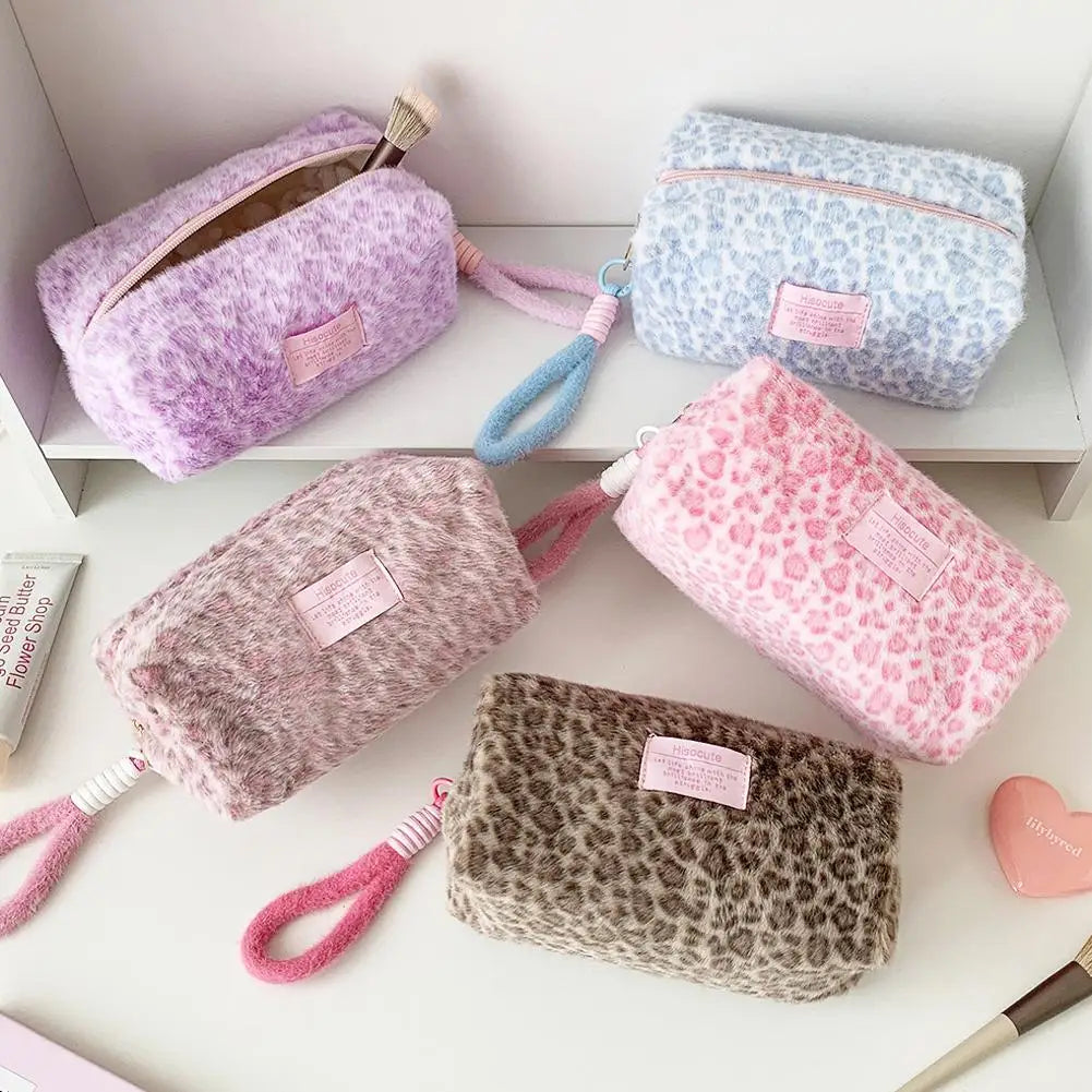 Leopard Print Plush Makeup Bag with Carry Handle