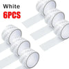 Six white self-adhesive fiberglass screen repair patches are shown in a circular arrangement.