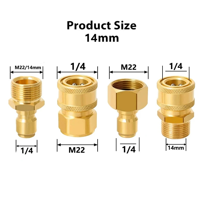 Brass pressure washer adapter kit showing M22 to 1/4 inch quick connect fittings and a 14mm size reference.