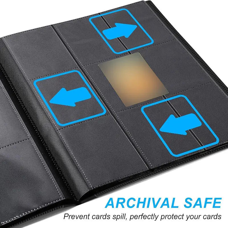Black archival safe card binder album with directional arrows on the cover
