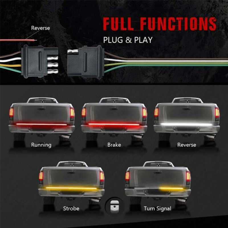 A set of LED tailgate lights showing running, brake, reverse, strobe, and turn signal functions.