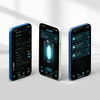 Three versions of a mobile application interface displaying a metal hilt lightsaber with motion control features