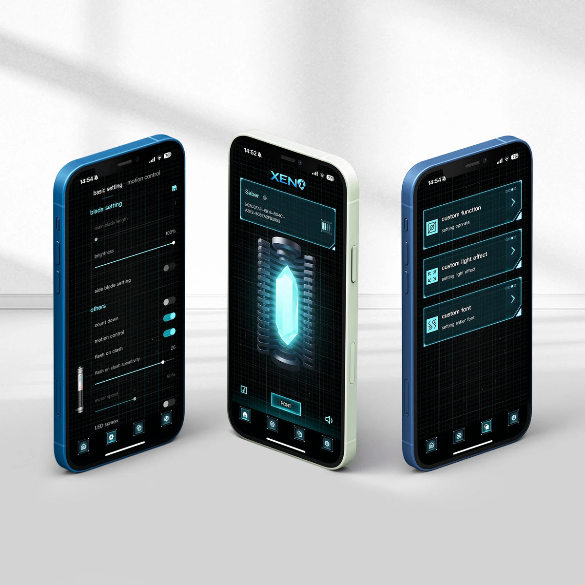 Three versions of a mobile application interface displaying a metal hilt lightsaber with motion control features