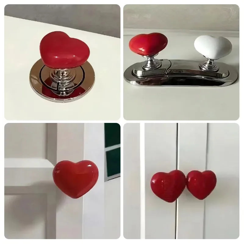 A heart-shaped toilet flush button with a silver nail protector is shown in various views.