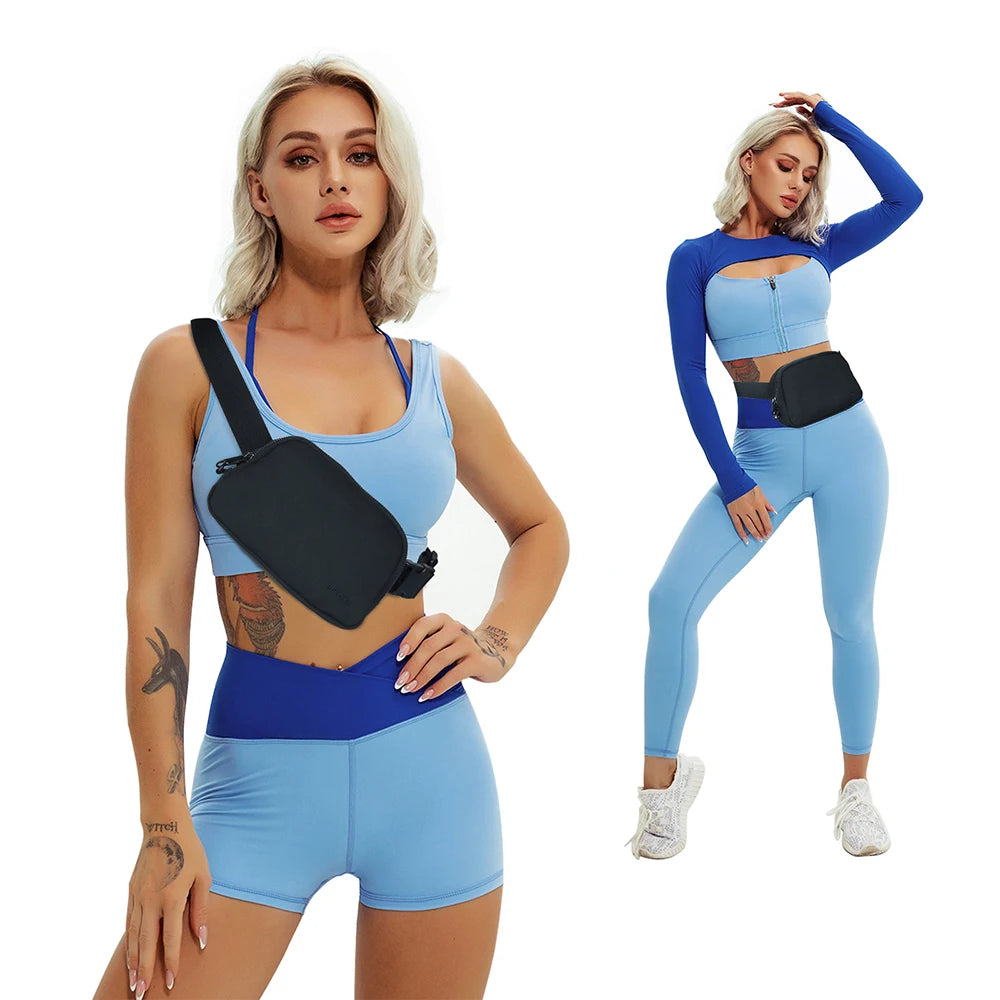 A woman models a blue sports bra and matching leggings with an adjustable nylon waist pack and phone pocket.