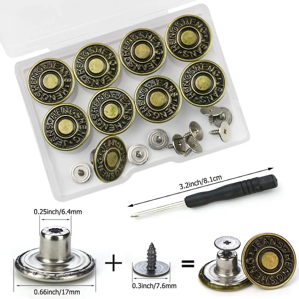 A set of five gold-toned jeans buttons and a tool for repair, showing various sizes and components.