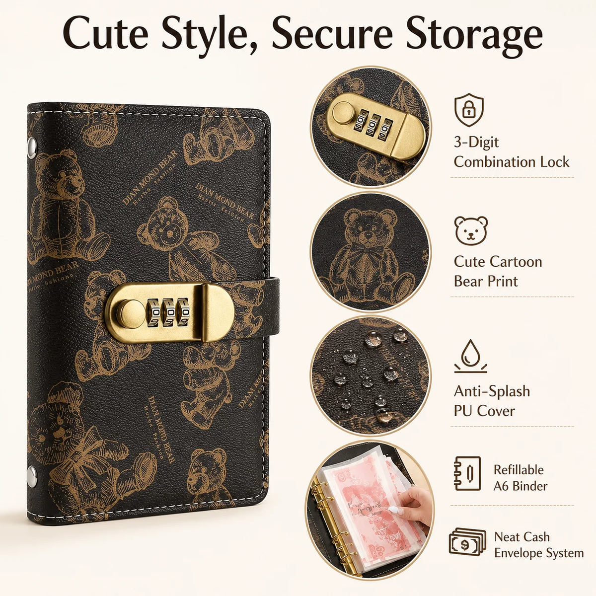 A black wallet featuring a cute cartoon bear print, secured with a 3-digit combination lock and designed as a refillable A6 b