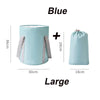 Blue collapsible foot bath tub with a matching storage bag shown next to a size comparison.