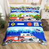 A colorful duvet cover set featuring various emergency vehicles like ambulances, police cars, and fire engines on a blue back