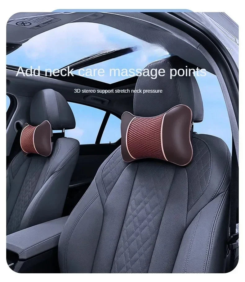 Vista de cerca del respaldo de un asiento de coche con puntos de masaje y un cojín de cuero.
