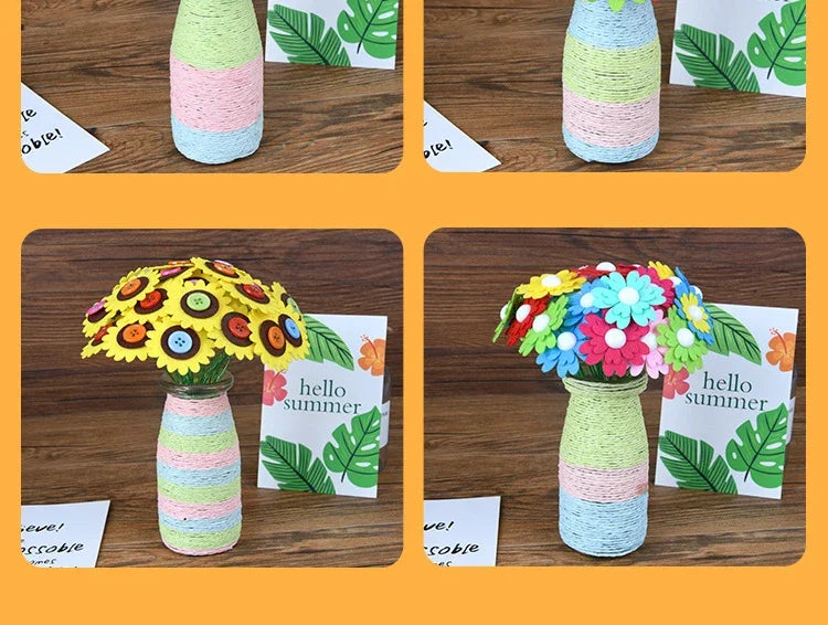 A set of colorful felt flowers and buttons arranged in glass vases for a DIY bouquet making craft kit.