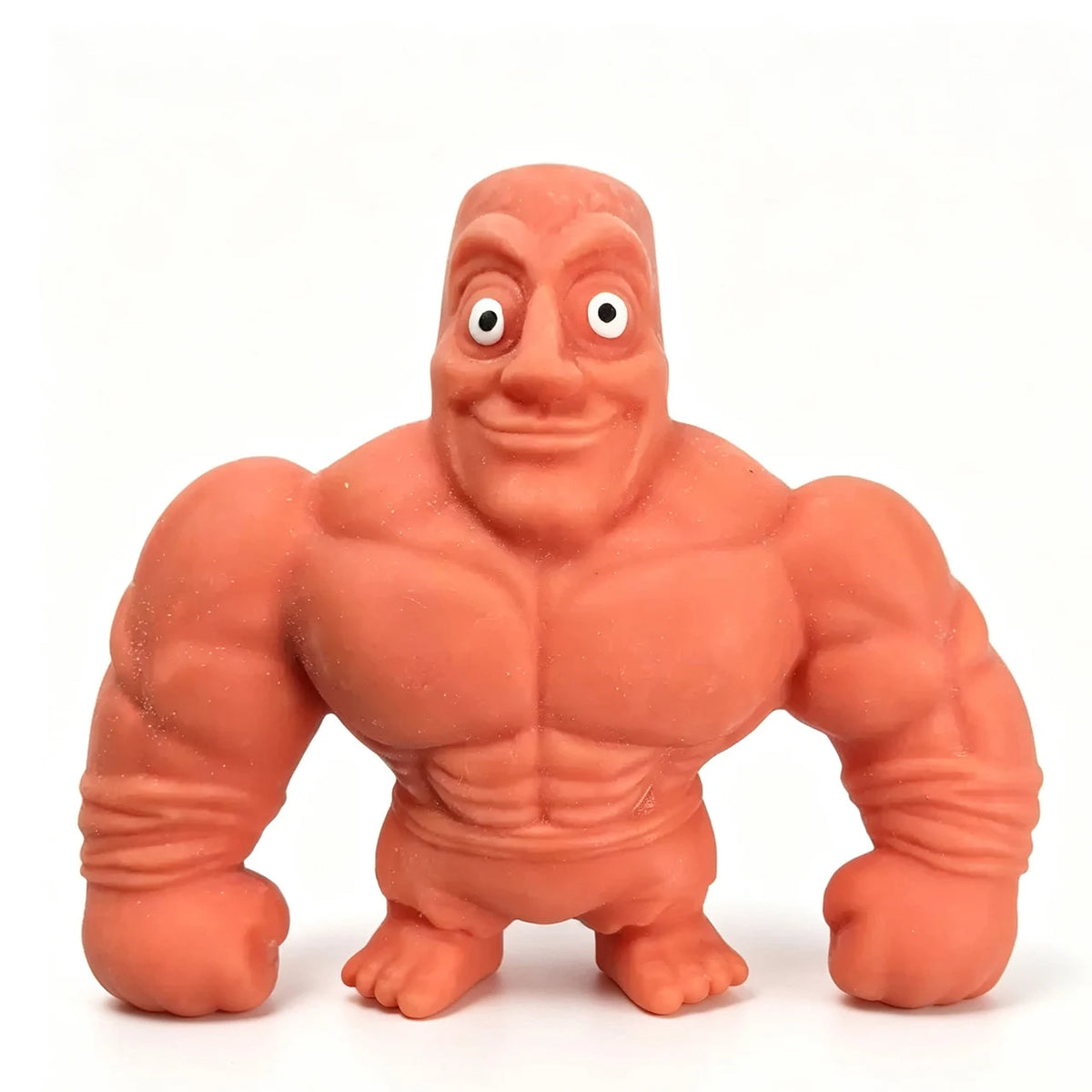 An orange squishy stress relief toy shaped like a muscular, funny-looking fist.