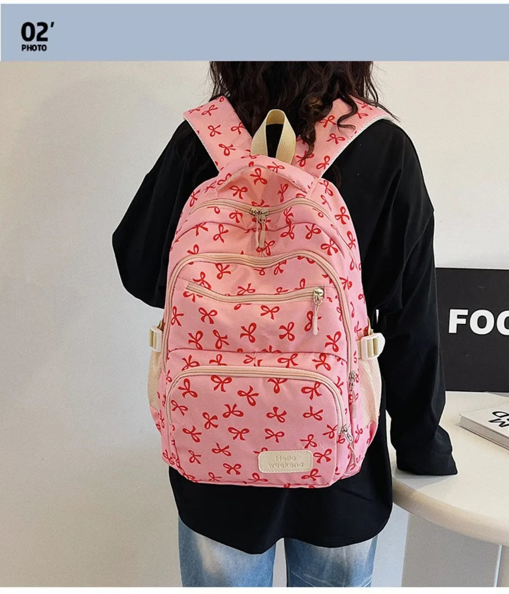 Cute Large-Capacity Bow Print Backpack Set