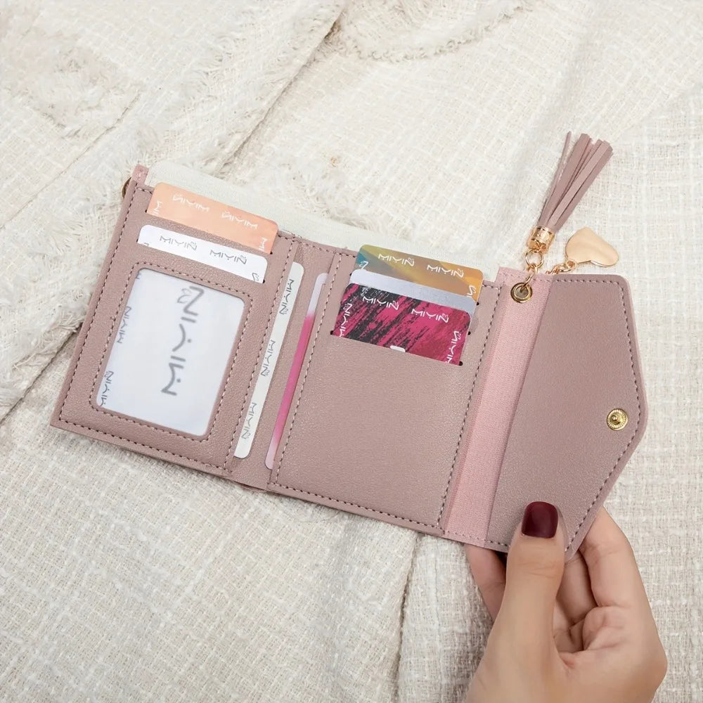 Compact PU Leather Clutch Wallet with Tassel