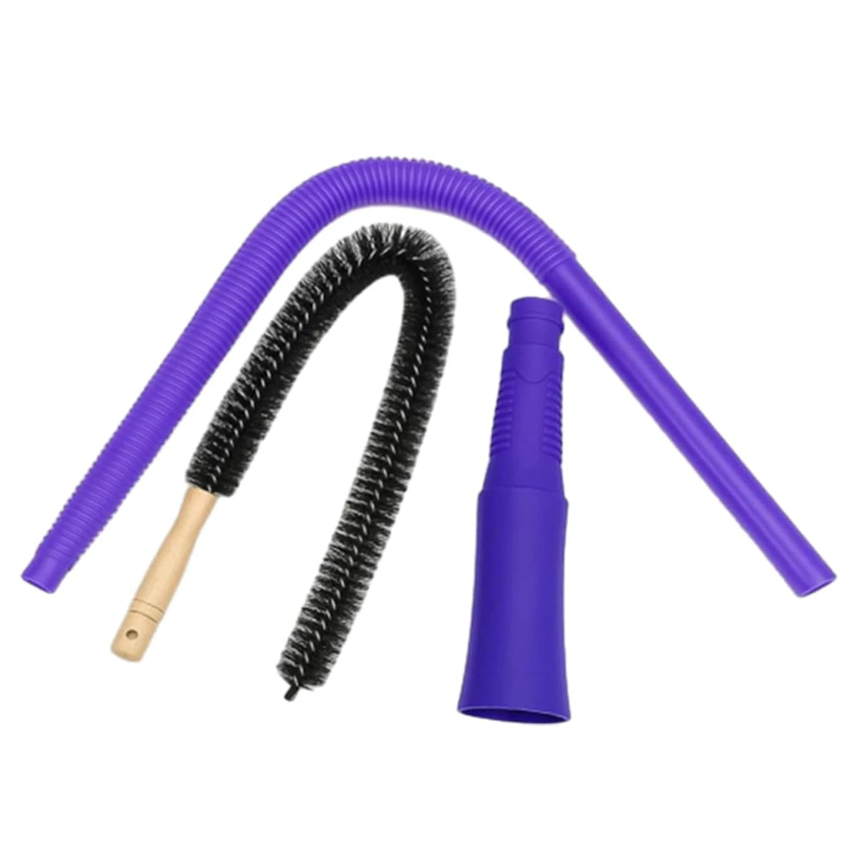 Purple universal dryer vent cleaning kit with a flexible hose and a black vacuum brush attachment