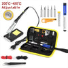 A yellow soldering iron kit with multiple tips, a multimeter, and various tools displayed on a black case.