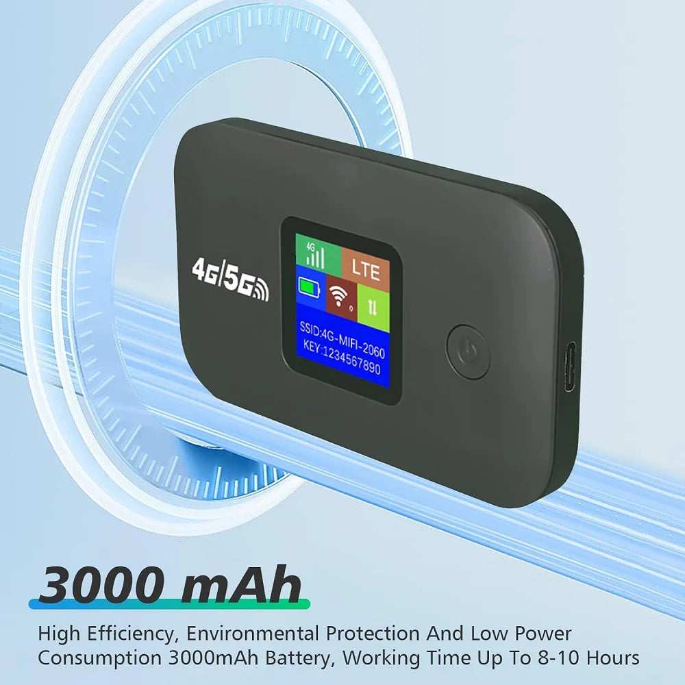 جهاز واي فاي محمول للاتصال 4G/5G أسود بجوار حلقة ضوء زرقاء دائرية.