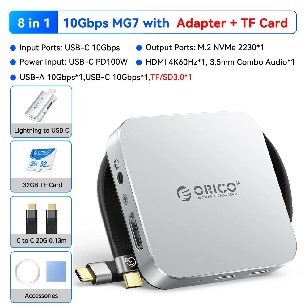 Boîtier NVMe SSD magnétique argenté avec adaptateur et divers ports pour transfert de données