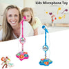 A pink and blue kids microphone toy with a stand and built-in speaker is shown next to a smiling woman and a girl.