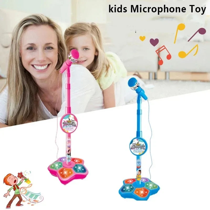 A pink and blue kids microphone toy with a stand and built-in speaker is shown next to a smiling woman and a girl.