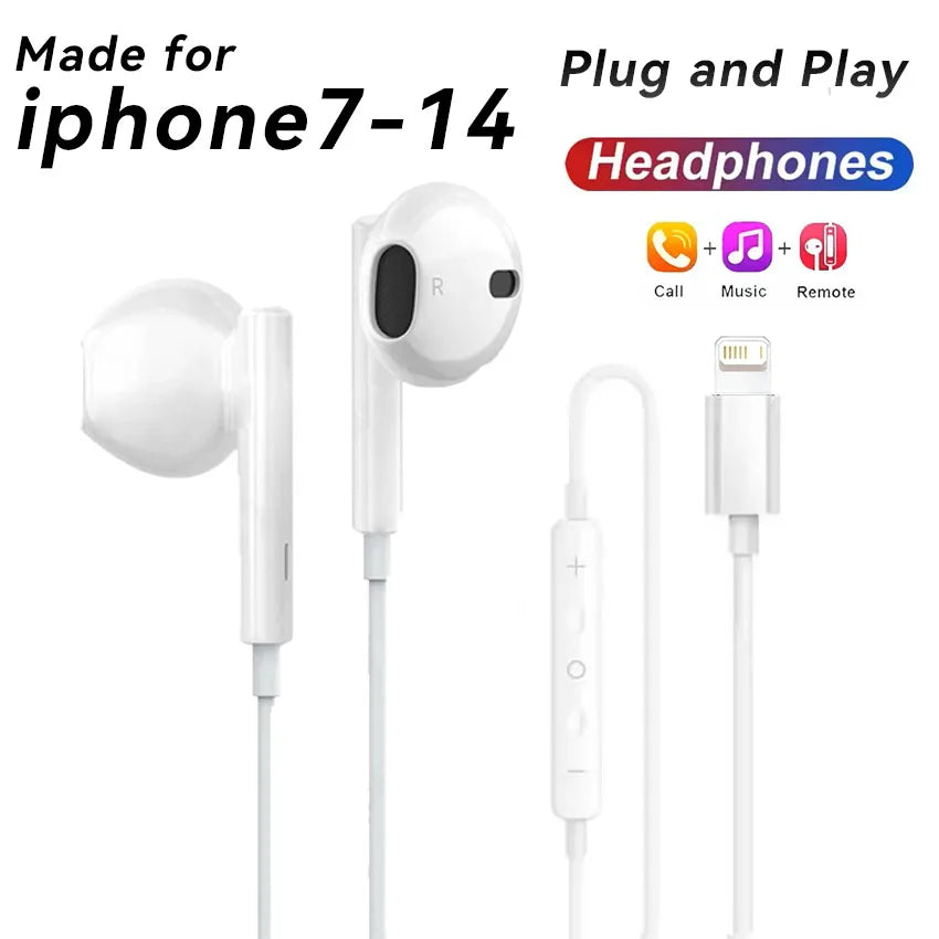 White wired earphones with a microphone and plug for iPhone 7-14