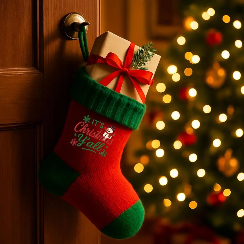 A Christmas-themed sock with red ribbon hangs on a wooden door next to a brightly lit Christmas tree.
