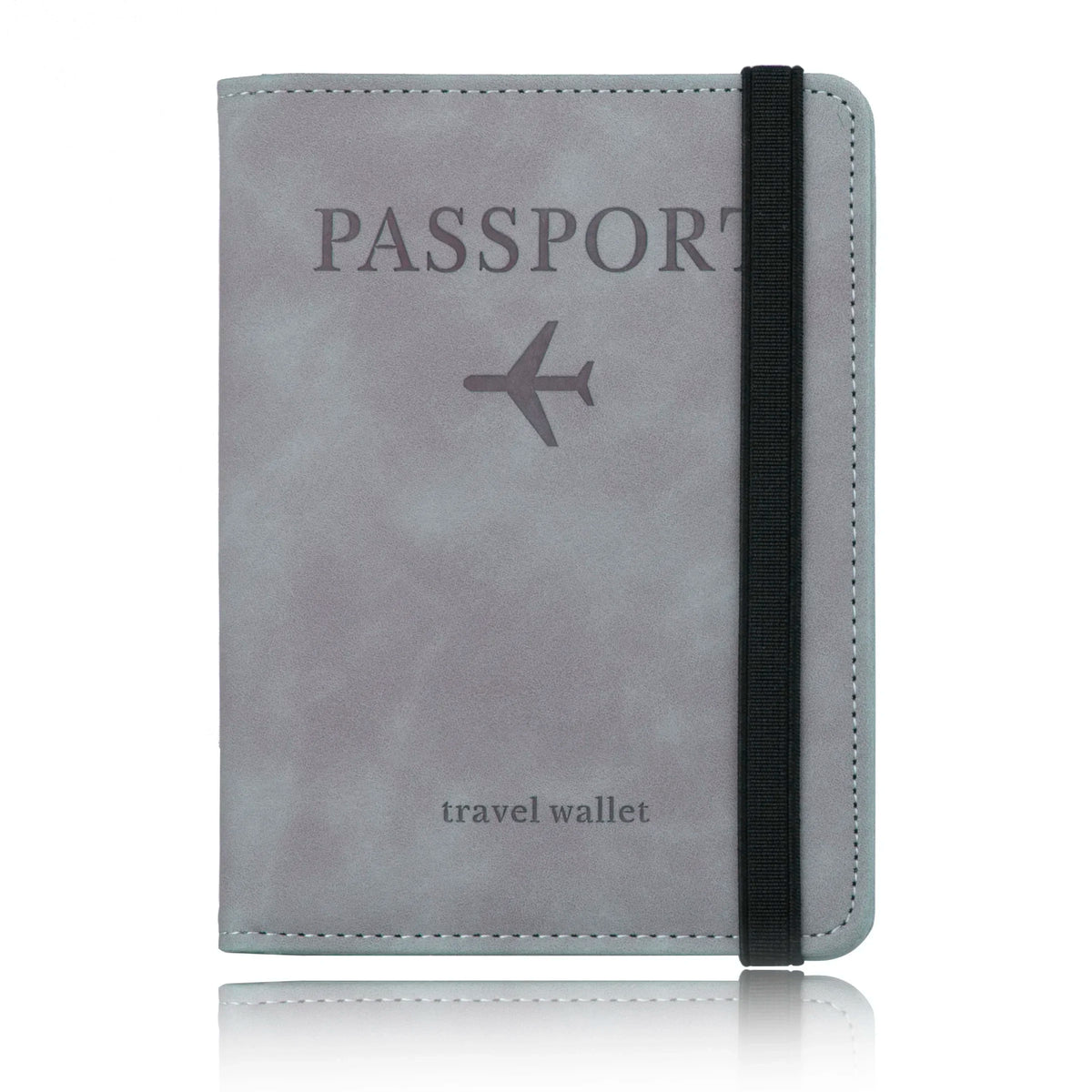 A grey leather passport wallet with a black strap, shown against a white background.