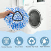A hand holds a blue and white cleaning mop head, demonstrating its use for washing machines.