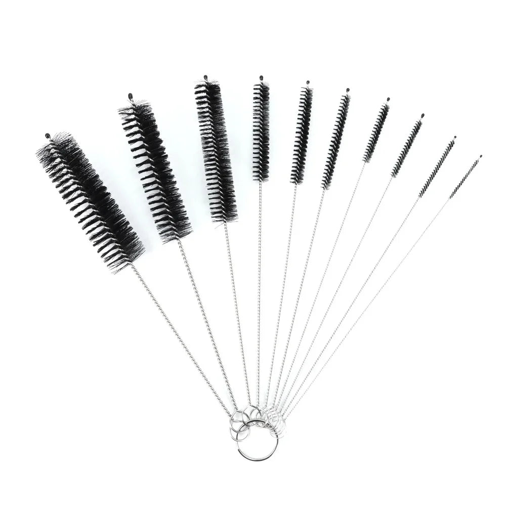 A set of ten nylon bottle and straw cleaning brushes with various sizes.
