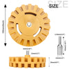 A yellow rubber eraser wheel with a central hole and an adapter for sticker removal.