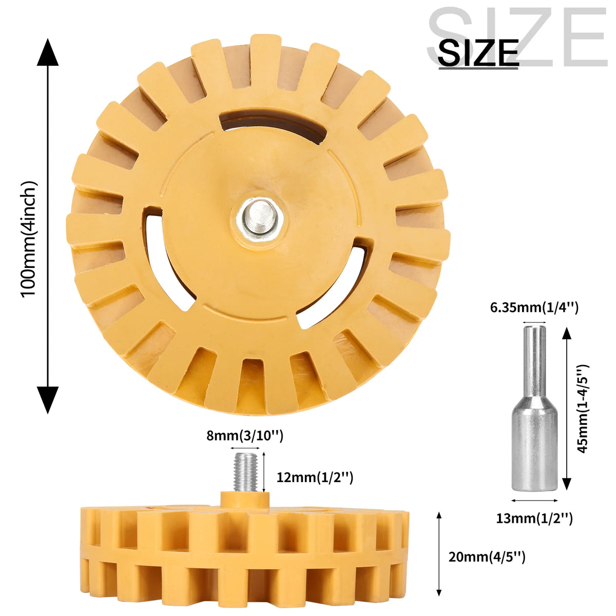 A yellow rubber eraser wheel with a central hole and an adapter for sticker removal.