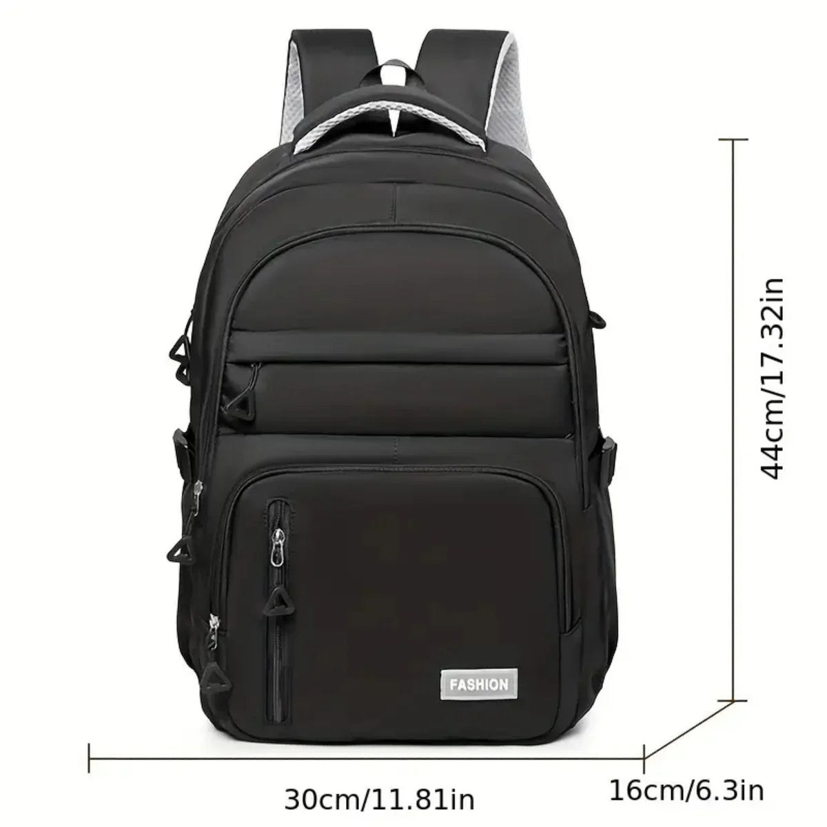Black backpack with gray accents shown from the back, featuring multiple compartments.