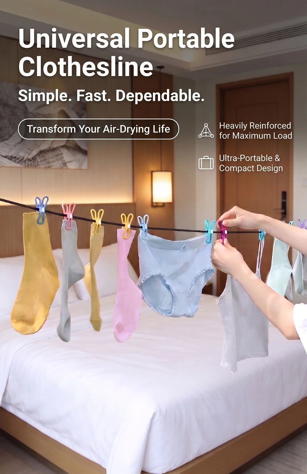 A portable clothesline with clothespins is shown hanging laundry on a bed, demonstrating its use for air-drying clothes.