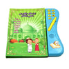 A green and blue interactive e-book learning toy for children with a large screen and yellow stylus.