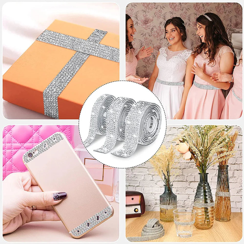 A set of silver crystal rhinestone ribbon stickers and a pink smartphone are shown for DIY decoration.