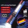 A powerful LED flashlight with a telescopic zoom feature and digital power display, showing a side light red warning.