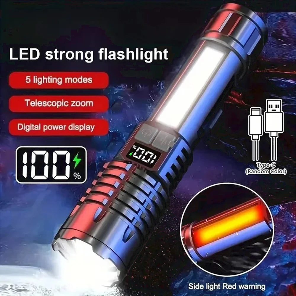A powerful LED flashlight with a telescopic zoom feature and digital power display, showing a side light red warning.
