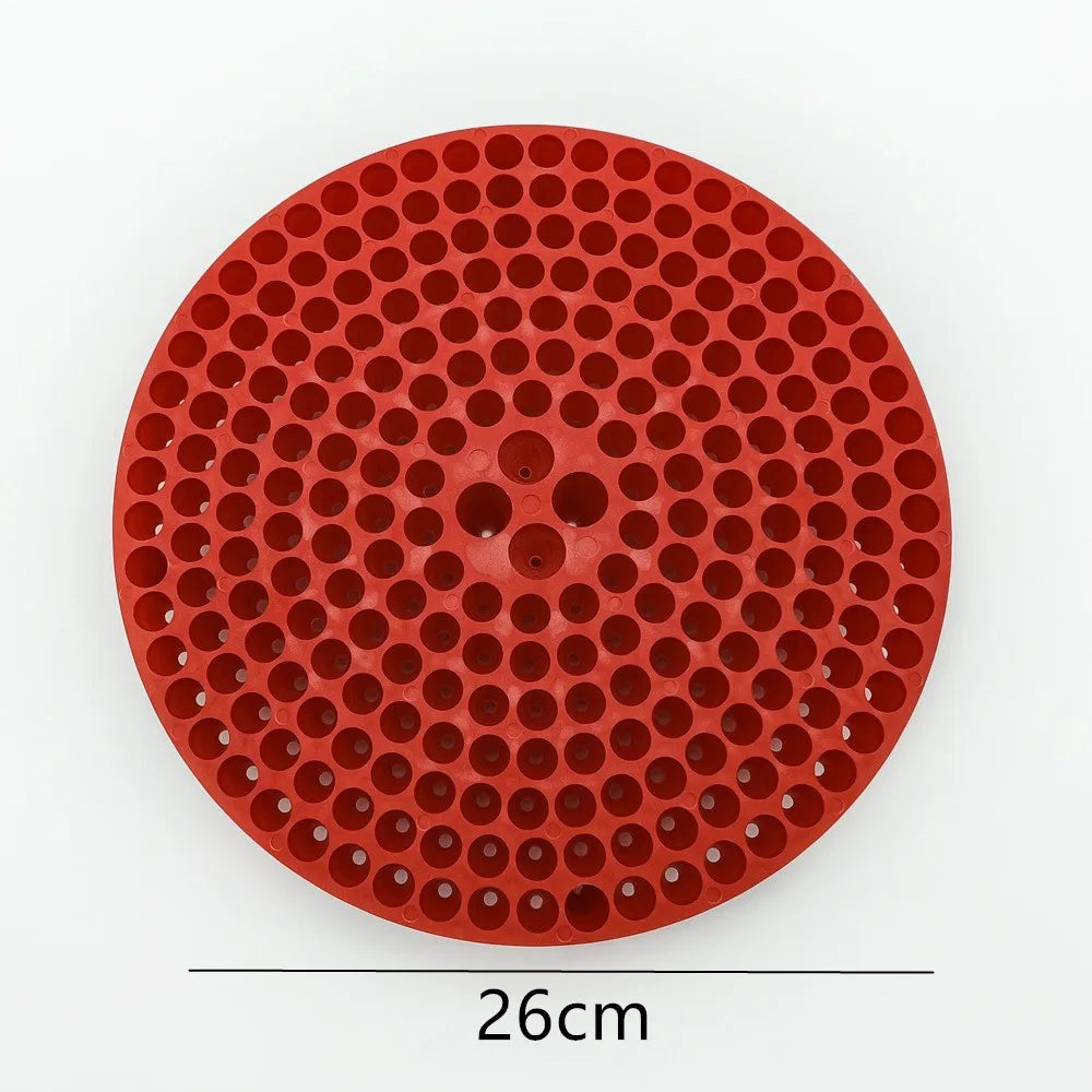 Red circular grit guard insert for a car wash bucket with a mesh filter